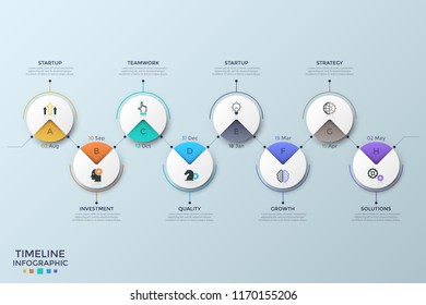 Eight circular paper white elements with linear symbols, letters and date indication connected by horizontal zigzag line. Project completion plan. Infographic design template. Vector illustration.