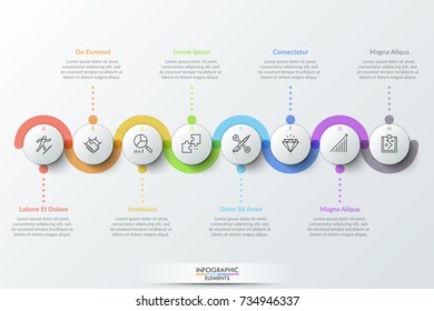 Eight circular paper white elements with thin line icons inside, colorful translucent stripe curving around it and text boxes. Realistic infographic design template. Modern vector illustration.