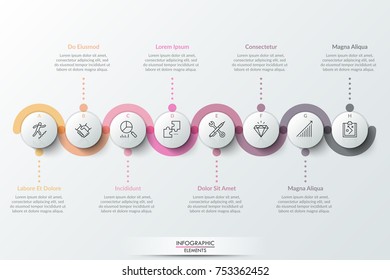 Eight circular paper white elements with thin line icons inside, colorful translucent stripe curving around it and text boxes. Realistic infographic design template. Modern vector illustration.