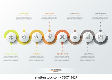 Eight circular paper white elements with thin line icons inside, colorful translucent stripe curving around it and text boxes. Realistic infographic design template. Modern vector illustration.