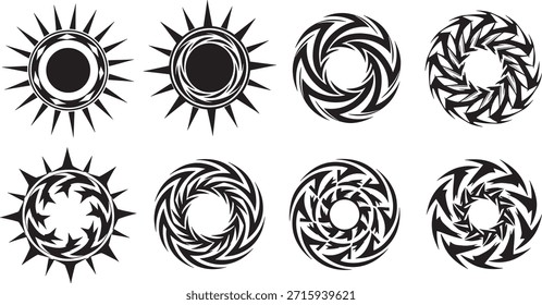 Eight circular tribal designs featuring sunburst patterns, spiral vortexes, and geometric sharp-edged ornaments in black vector.