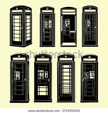 Eight classic black British telephone kiosks, featuring iconic crown emblems on domed roofs. Detailed interiors show rotary and push-button phones, some empty
