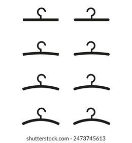 Eight clothes hangers. Different shapes and sizes. Simple black design. Vector illustration.