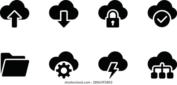 Eight cloud icons with symbols indicating upload download security success folder settings lightning and network
