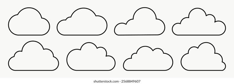 Eight cloud outlines in a simple, minimalist style. Cloud shapes vary slightly, emphasizing simplicity and uniformity. Perfect for design and decoration. Weather illustration, vector set.