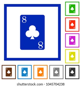 Eight of clubs card flat color icons in square frames on white background