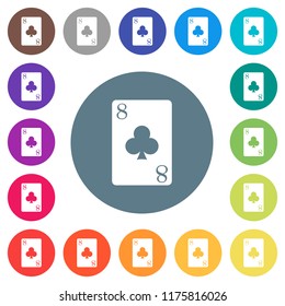 Eight of clubs card flat white icons on round color backgrounds. 17 background color variations are included.