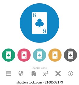 Eight of clubs card flat white icons on round color backgrounds. 6 bonus icons included.