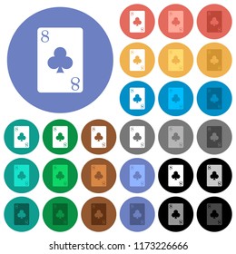 Eight of clubs card multi colored flat icons on round backgrounds. Included white, light and dark icon variations for hover and active status effects, and bonus shades.