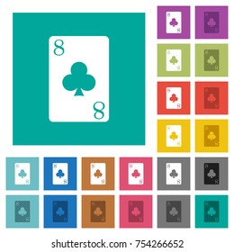 Eight of clubs card multi colored flat icons on plain square backgrounds. Included white and darker icon variations for hover or active effects.