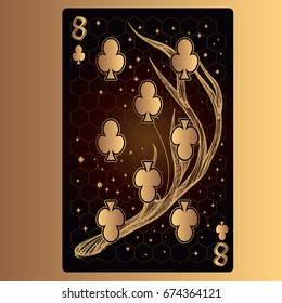 Eight of clubs. Playing card with original design on the theme of space.