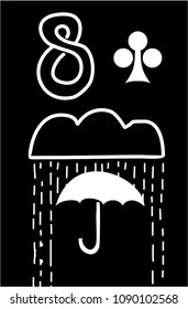eight of clubs. Stylized Vector pop art  style comic playing card with number, cloud, umbrella and rain.