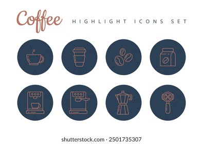 Eight coffee highlight icons set.