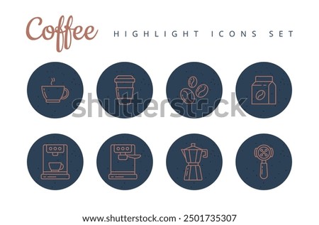 Eight coffee highlight icons set.