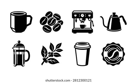 Eight coffeethemed icons including beans mug coffee maker and brewing equipment