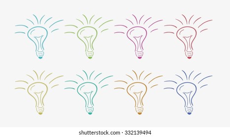 eight color bulbs, sketch, on gray background