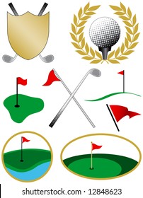 Eight Color Golf Icons including a golf ball, shield, clubs and flags