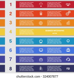 Eight color strips, infographics template for business conceptual cyclic processes, workflow, banner, diagram, web design, timeline, area chart 