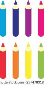 Eight colored pencils arranged in two rows, featuring blue, dark blue, purple, pink, red, orange, yellow, and green.