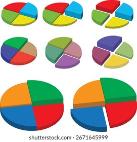 Eight colorful 3D pie charts, each split into four segments with varied hues and shading, visually compare proportions using a dynamic, pulled-apart layout for engaging data storytelling.
