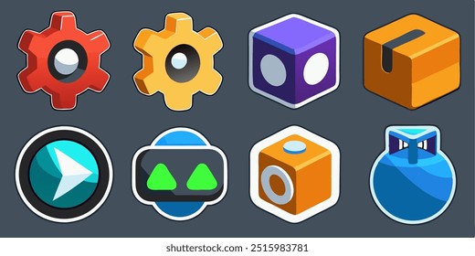 Eight colorful 3d-style icons, on a dark background, include gears, dies, play buttons, arrows, squares, and spheres, each with a white border.