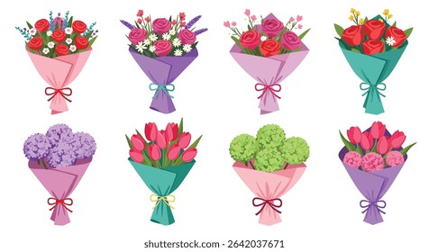 Eight Colorful Bouquets of Flowers Wrapped in Paper Beautiful Floral Arrangements