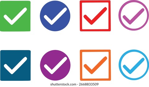 Oito marcas de verificação coloridas em formas quadradas e circulares com tiques brancos em um fundo branco.