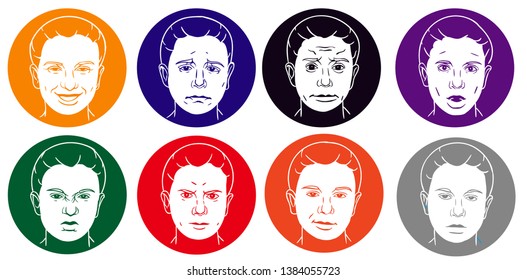
eight colorful circles with a portrait of a girl who expresses different emotions