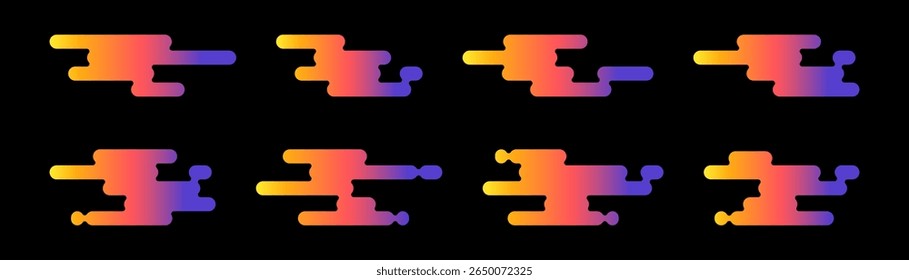 Eight colorful gradient shapes aligned in two rows against a stark black background create a repeating pattern. Japanese cloud motif.