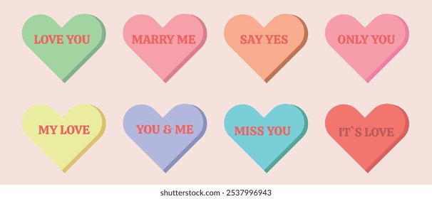 Eight colorful hearts display romantic messages such as LOVE YOU, MARRY ME on a soft background.