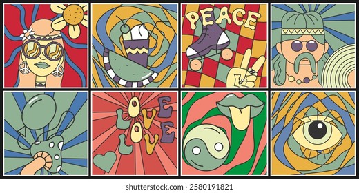 Eight colorful mini posters in groovy style. Cute doodles and icons using elements of 70s culture. Vector set