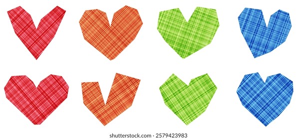 Eight colorful plaid hearts in red, orange, green, and blue arranged on a white background. Vector illustration.