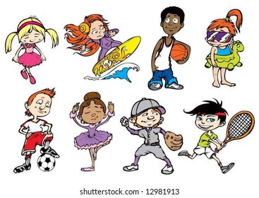 Eight colorful sport children characters