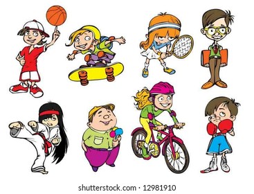 Eight colorful sport kids characters