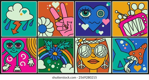 Eight colorful square posters, stickers, design elements in simplified groovy style. Vector set