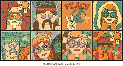 Eight colorful square posters, stickers, design elements in groovy style. Retro palette. Vector collection