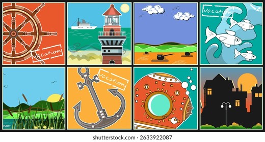 Eight colorful vacation themed posters. Nature landscapes and various related objects. Vector set