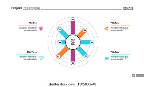 Eight columns radial bar chart slide template. Business data. Option, financial, design. Concept for infographic, presentation, report. Can be used for topics like marketing, finance, statistics.