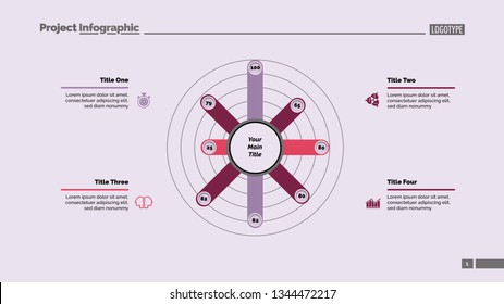 Eight columns radial bar chart slide template. Business data. Option, financial, design. Concept for infographic, presentation, report. Can be used for topics like marketing, finance, statistics.