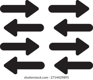Ocho flechas contrastantes de color negro redondeado, presentan un movimiento de ida y vuelta a través de un fondo transparente, ideal para la direccionalidad o el flujo.