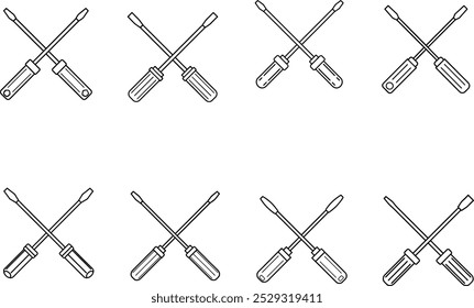 Ilustração da arte da linha das ferramentas da chave de fenda cruzada oito