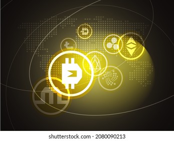 Eight crypto coins on the golden digital world map..Digital money