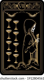 Eight of cups. Card of Minor arcana black and gold tarot cards. Tarot deck. Vector hand drawn illustration with skull, occult, mystical and esoteric symbols.