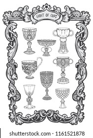 Eight of cups. Minor Arcana tarot card. The Magic Gate deck. Fantasy engraved vector illustration with occult mysterious symbols and esoteric concept