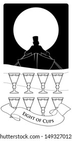 Eight of cups. Tarot cards. Boat silhouette on the waves, in which a man with a hat is rowing, moving away on the horizon. Eight golden cups in the foreground