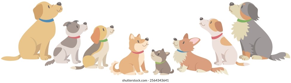 Eight cute dogs looking up.  Vector illustration in flat cartoon style on white background.