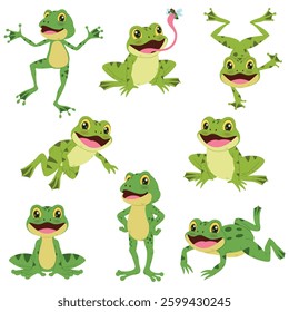 Eight cute green cartoon frogs in playful poses, perfect for childrens illustrations, naturethemed designs, and frogrelated projects. Colorful and fun.