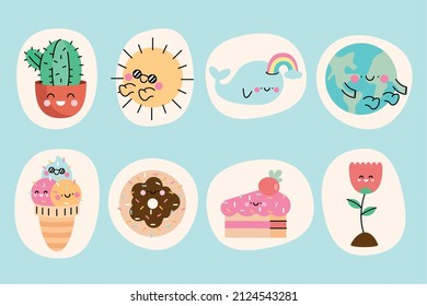 eight cute kawaii characters group