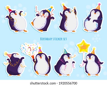 Eight cute penguin characters in different poses and birthday caps. Happy Birthday greetings. Pre-made stickers.Vector illustration in cartoon style. All elements are isolated. 