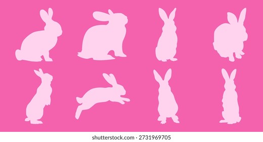 Oito bonito coelho silhuetas coleção no fundo rosa vibrante